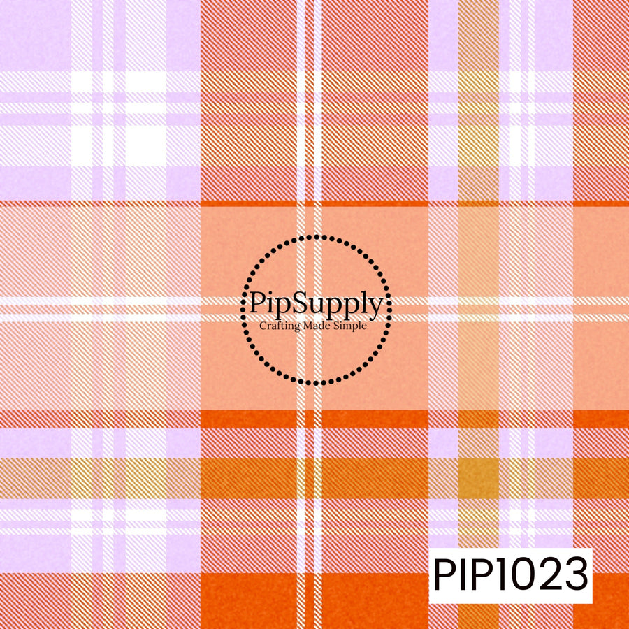 A soft watercolor plaid featuring warm shades of pumpkin orange, peach, golden mustard, crisp white, and pastel lilac. The classic tartan pattern combines cozy autumn tones with a subtle pop of purple, creating a unique seasonal coordinate that's perfect for Halloween, fall, and harvest-themed collections.
