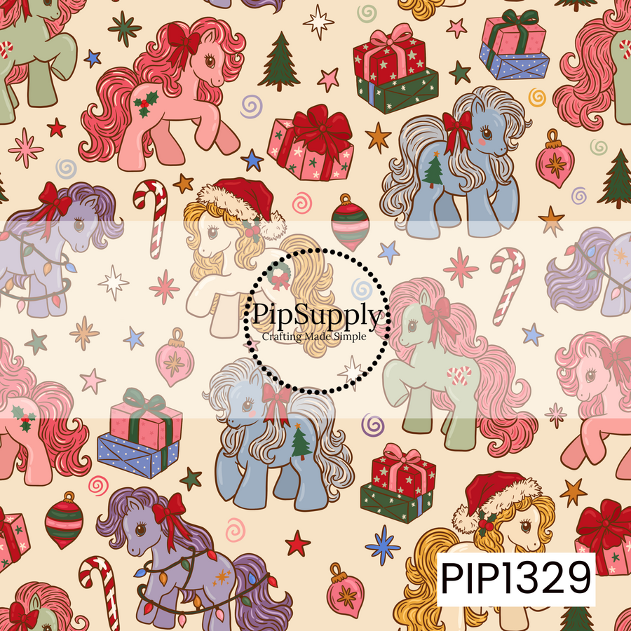 A whimsical retro Christmas pattern featuring colorful vintage-style ponies dressed up for the holiday season. The ponies appear in soft pink, lavender, blue, sage green, and cream with flowing curled manes, festive red bows, Santa hats, holly, Christmas tree and candy cane markings, and strands of colorful Christmas lights. Wrapped presents, striped candy canes, ornaments, evergreen trees, colorful stars, sparkles, and swirls are scattered throughout the warm cream background, giving the design a playful n