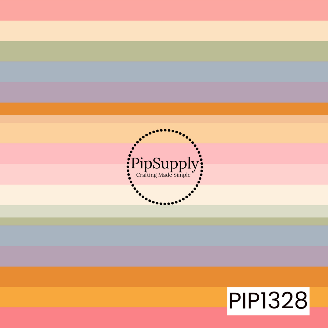 A soft retro horizontal stripe pattern featuring wide bands of blush pink, warm cream, sage green, dusty blue, muted lavender, golden orange, and peach. The varying stripe widths and softly muted color palette give the design a playful vintage feel with a warm, nostalgic look.
