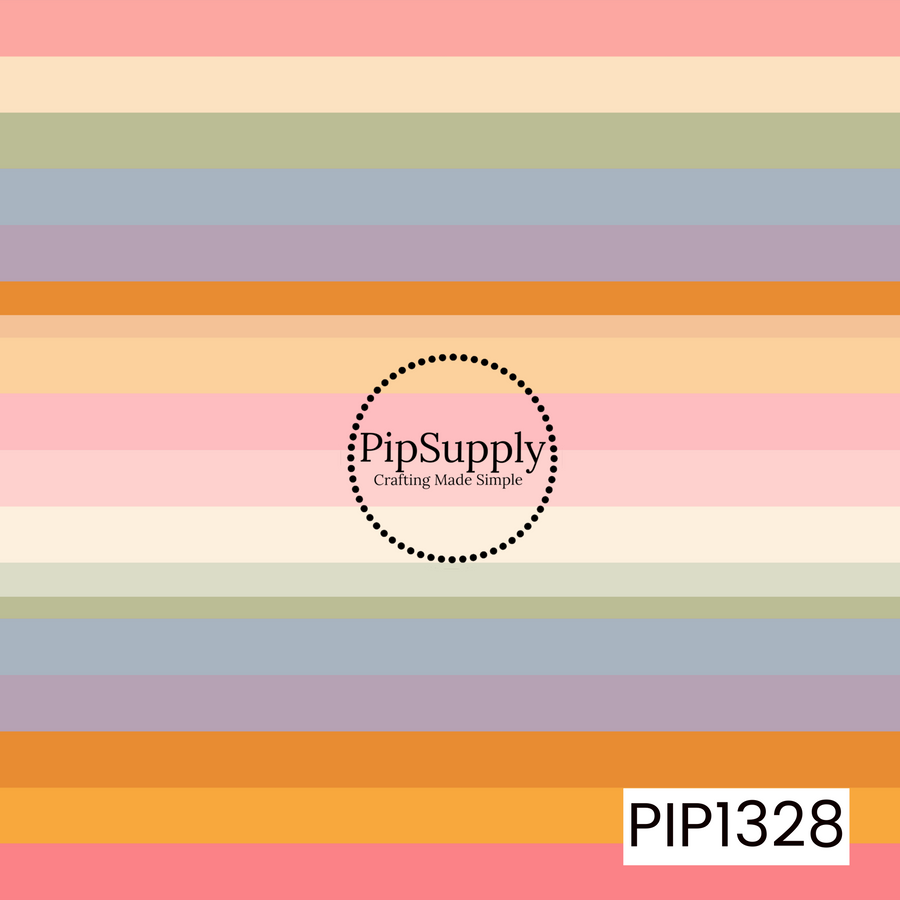 A soft retro horizontal stripe pattern featuring wide bands of blush pink, warm cream, sage green, dusty blue, muted lavender, golden orange, and peach. The varying stripe widths and softly muted color palette give the design a playful vintage feel with a warm, nostalgic look.