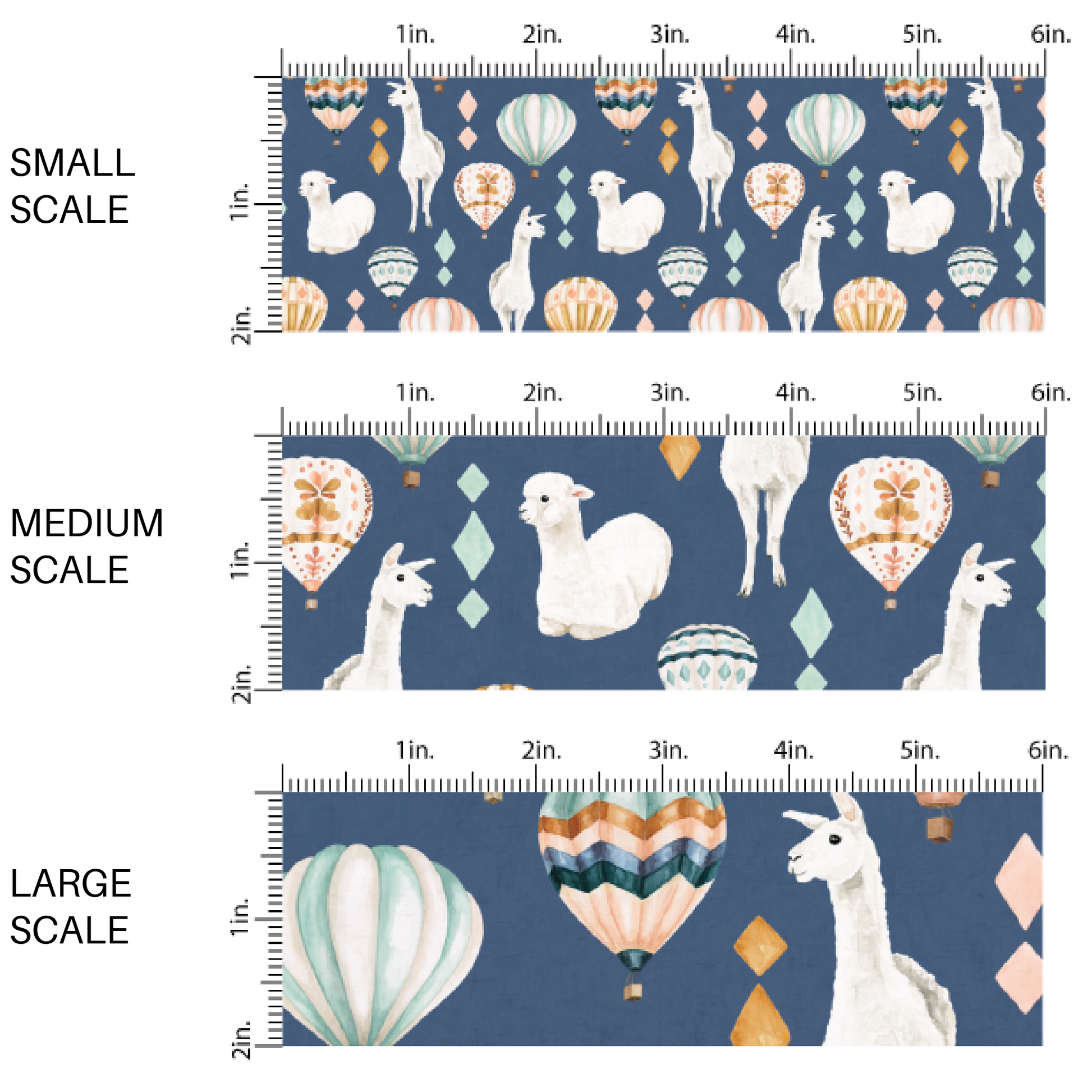 This scale chart of small scale, medium scale, and large scale of these llamas and hot air balloon pattern themed fabric by the yard features llamas surrounded by colorful hot air balloons on dark blue. This fun patterned fabric can be used for all your sewing and crafting needs!