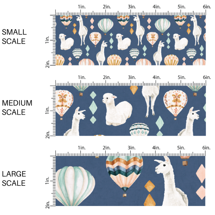 This scale chart of small scale, medium scale, and large scale of these llamas and hot air balloon pattern themed fabric by the yard features llamas surrounded by colorful hot air balloons on dark blue. This fun patterned fabric can be used for all your sewing and crafting needs!