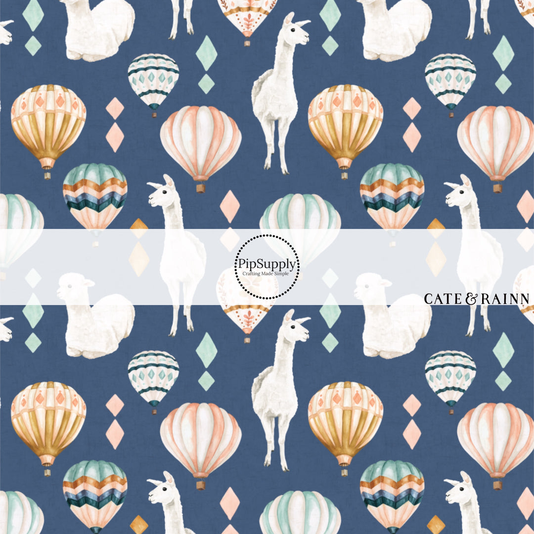 These llamas and hot air balloon pattern themed fabric by the yard features llamas surrounded by colorful hot air balloons on dark blue. This fun patterned fabric can be used for all your sewing and crafting needs!