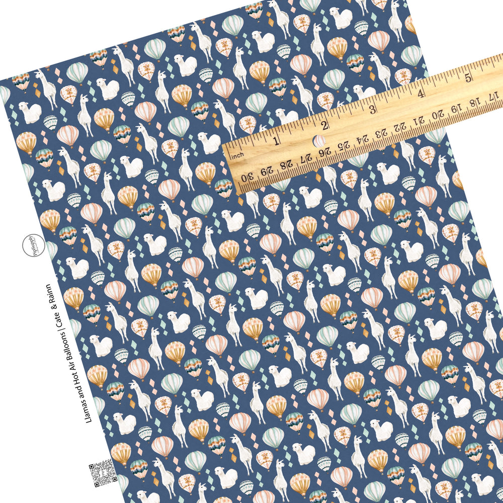 These llamas and hot air balloon pattern themed faux leather sheets contain the following design elements: llamas surrounded by colorful hot air balloons on dark blue. Our CPSIA compliant faux leather sheets or rolls can be used for all types of crafting projects.