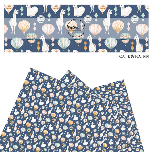 These llamas and hot air balloon pattern themed faux leather sheets contain the following design elements: llamas surrounded by colorful hot air balloons on dark blue. Our CPSIA compliant faux leather sheets or rolls can be used for all types of crafting projects.
