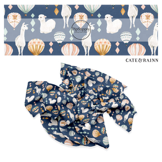 These llamas and hot air balloon pattern themed no sew bow strips can be easily tied and attached to a clip for a finished hair bow. These bow strips are great for personal use or to sell. The bow strips features llamas surrounded by colorful hot air balloons on dark blue. 