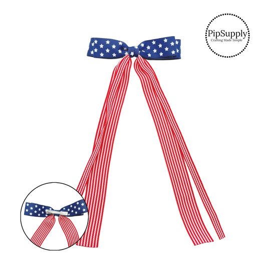 This patriotic star and stripe long ribbon hair bow are ready to package and resell to your customers no sewing or measuring necessary! These come pre-tied with an attached alligator clip. The delicate bow is perfect for all hair styles for kids and adults.