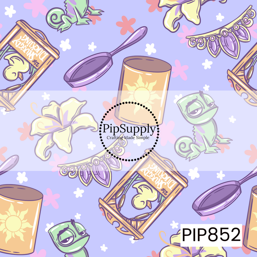This whimsical fairytale-inspired design features lanterns with sun motifs, elegant tiaras, white lilies, purple frying pans, and playful green chameleons scattered across a soft lavender background. Delicate floral accents and pastel colors add a dreamy touch, creating a magical pattern filled with adventure, charm, and storybook wonder.
