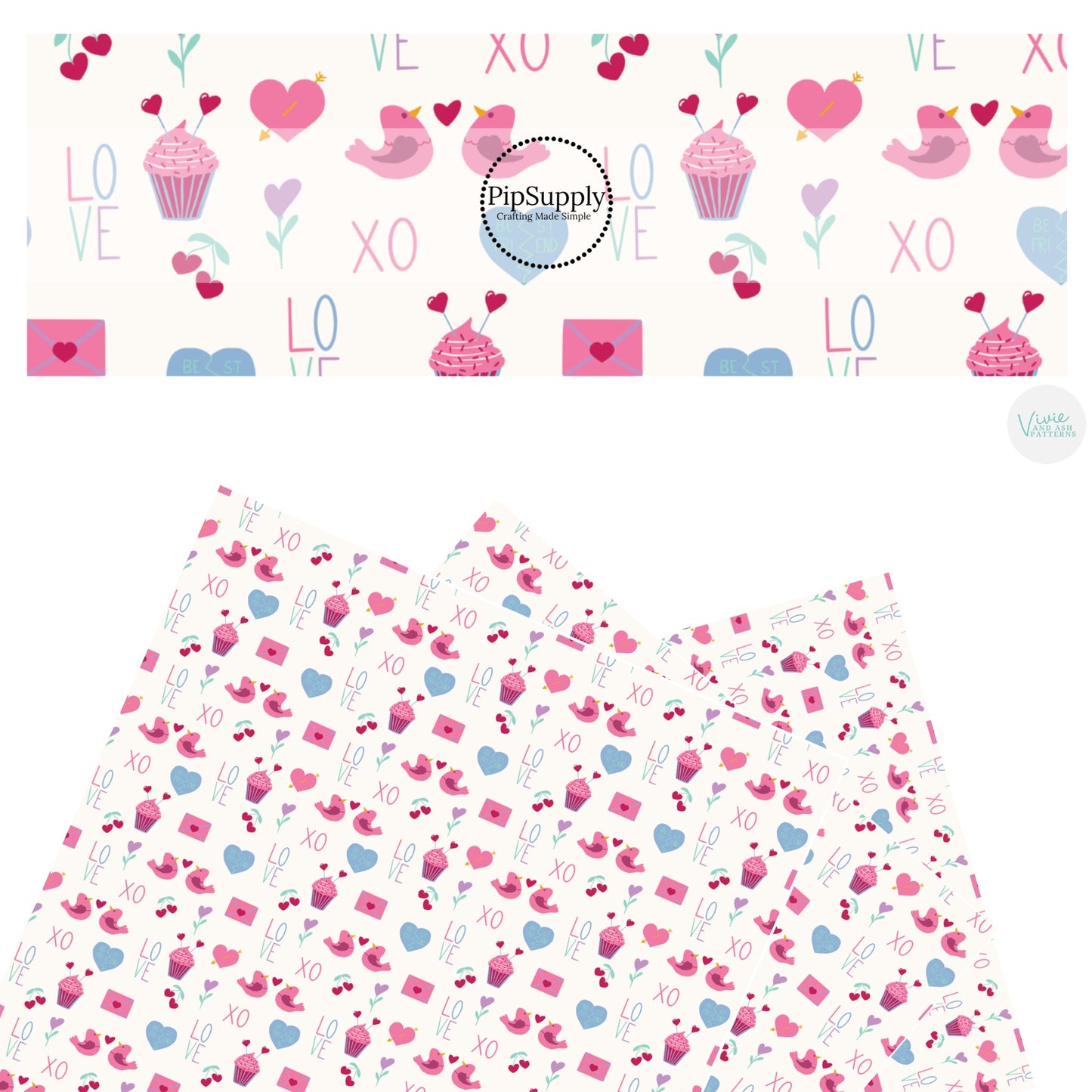 These Valentine's pattern themed faux leather sheets contain the following design elements: pink, purple, and blue hearts, love birds, and treats on cream. Our CPSIA compliant faux leather sheets or rolls can be used for all types of crafting projects.