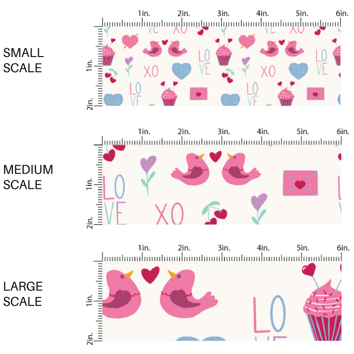 Pink Birds, Cupcakes, and "XO's" on White Fabric by the Yard scaled image guide.