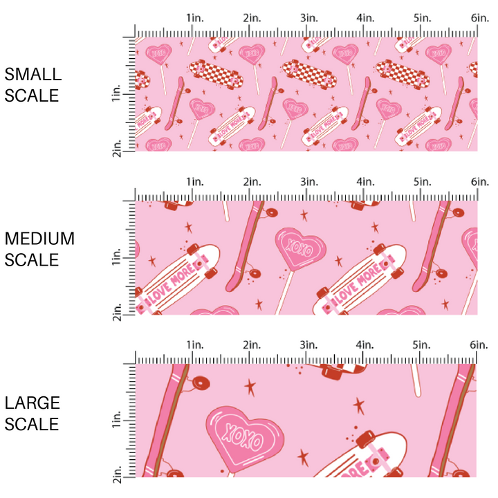 This Valentine's Day fabric by the yard features candy and skateboards on pink. This fun pattern fabric can be used for all your sewing and crafting needs!