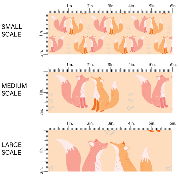 This scale chart of small scale, medium scale, and large scale of these Valentine's pattern themed fabric by the yard features foxes surrounded by hearts on cream. This fun Valentine's Day fabric can be used for all your sewing and crafting needs! 