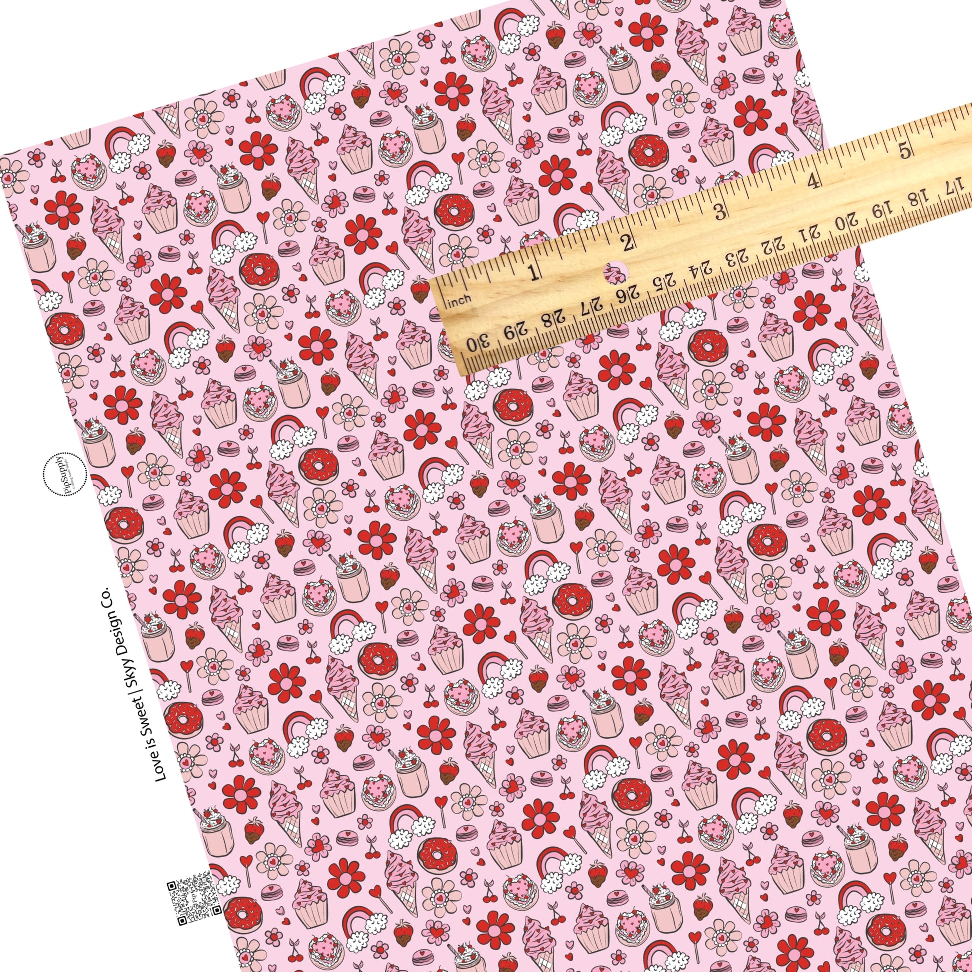 These Valentine's pattern themed faux leather sheets contain the following design elements: red and pink dessert treats, candy, flowers and rainbows on light pink. Our CPSIA compliant faux leather sheets or rolls can be used for all types of crafting projects.