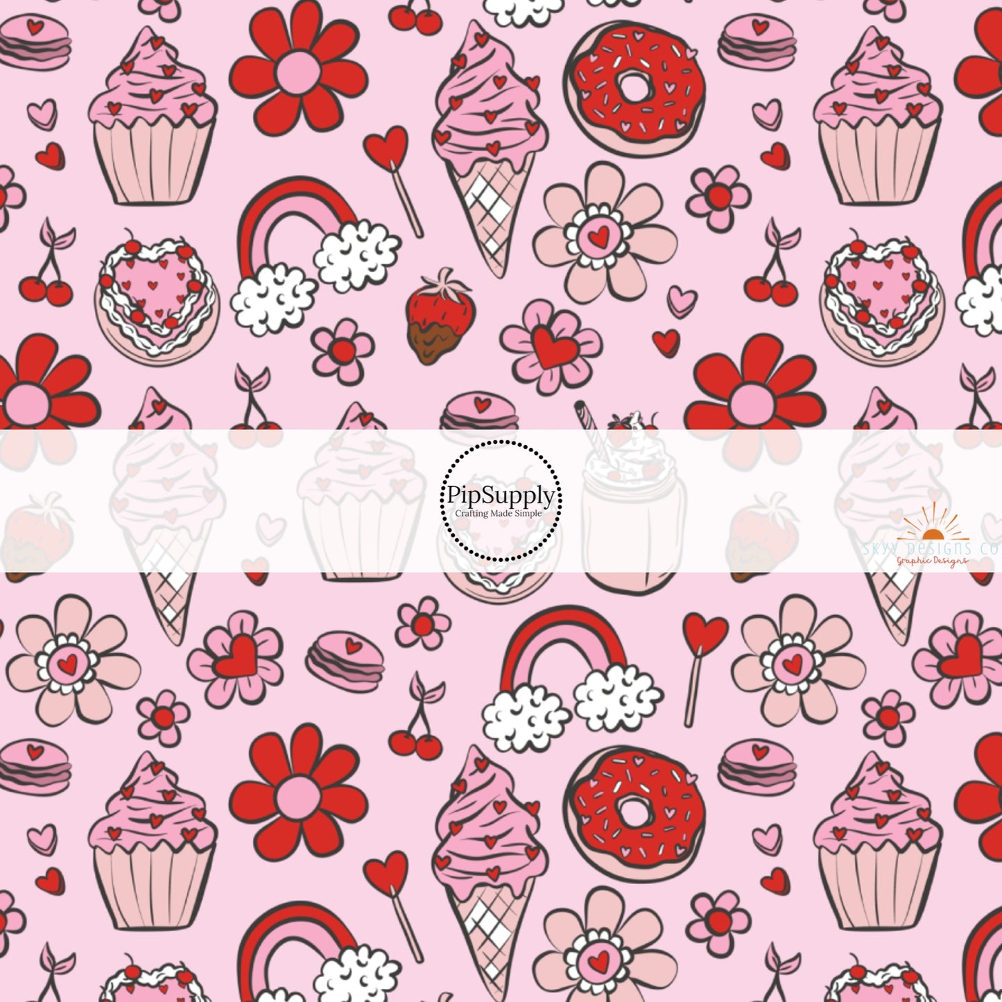 Strawberries, Daisies, Rainbows, and Cupcakes on Light Pink Fabric by the Yard.
