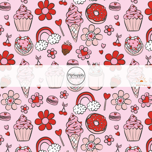 Strawberries, Daisies, Rainbows, and Cupcakes on Light Pink Fabric by the Yard.