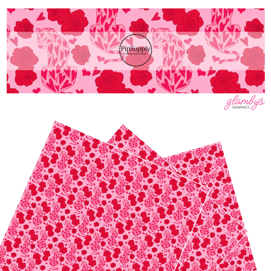 These Valentine's pattern themed faux leather sheets contain the following design elements: leopards with red hearts surrounded by red roses on pink. Our CPSIA compliant faux leather sheets or rolls can be used for all types of crafting projects.