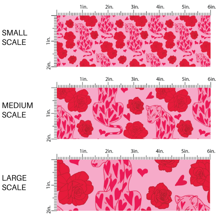 Red Roses and Heart Print Leopards on Hot Pink Fabric by the Yard scaled image guide.