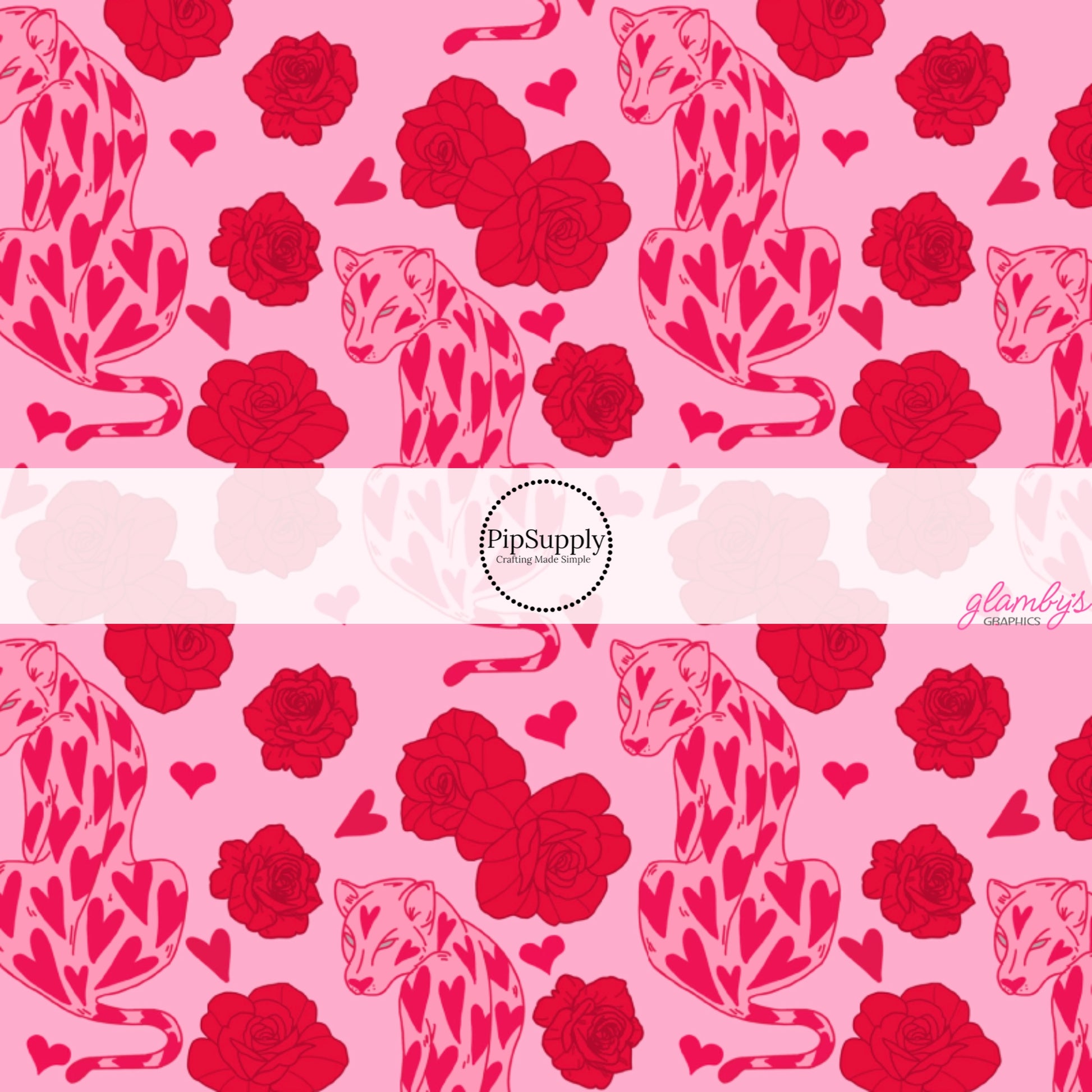 Red Roses and Heart Print Leopards on Hot Pink Fabric by the Yard.