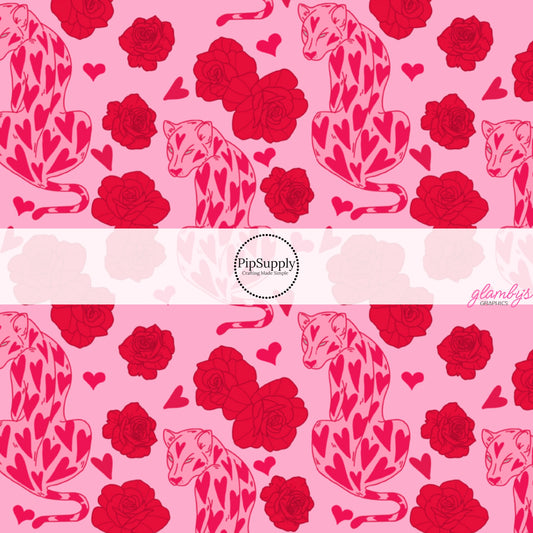 Red Roses and Heart Print Leopards on Hot Pink Fabric by the Yard.