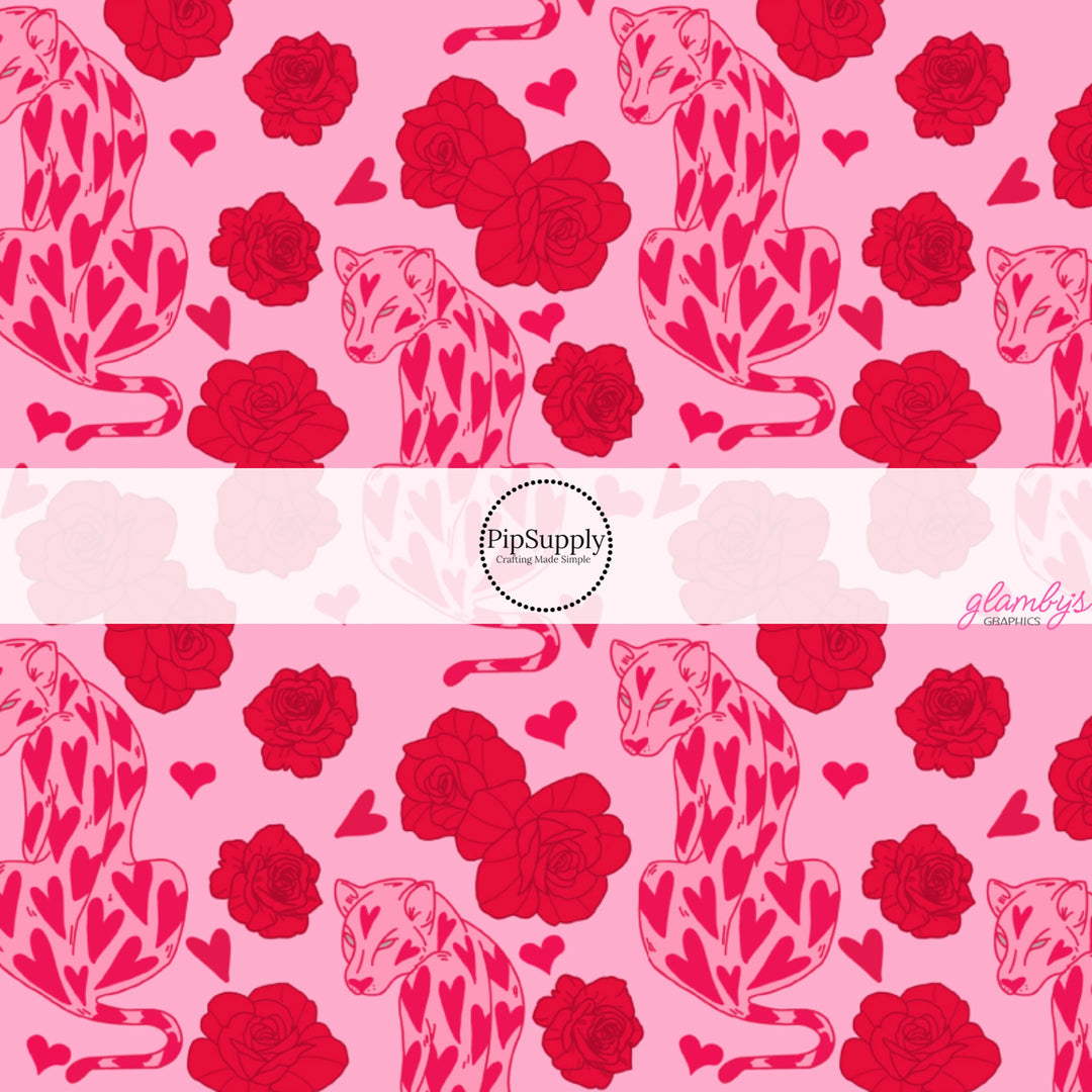 Red Roses and Heart Print Leopards on Hot Pink Fabric by the Yard.