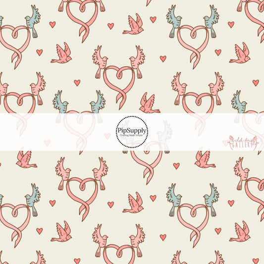 Love Doves and Hearts on Cream Fabric by the Yard.