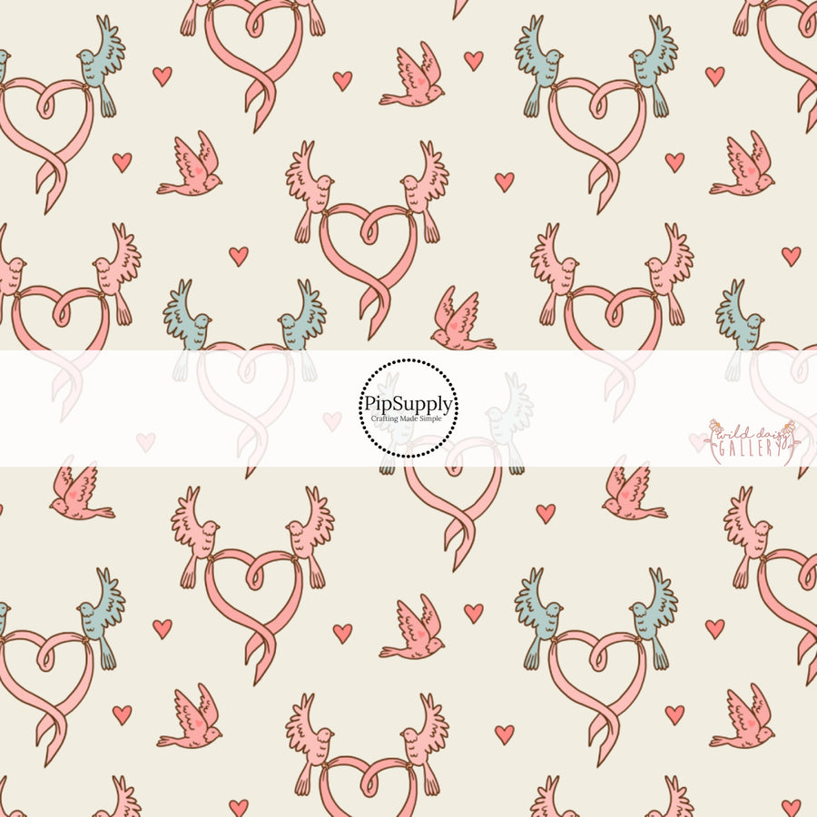 Love Doves and Hearts on Cream Fabric by the Yard.