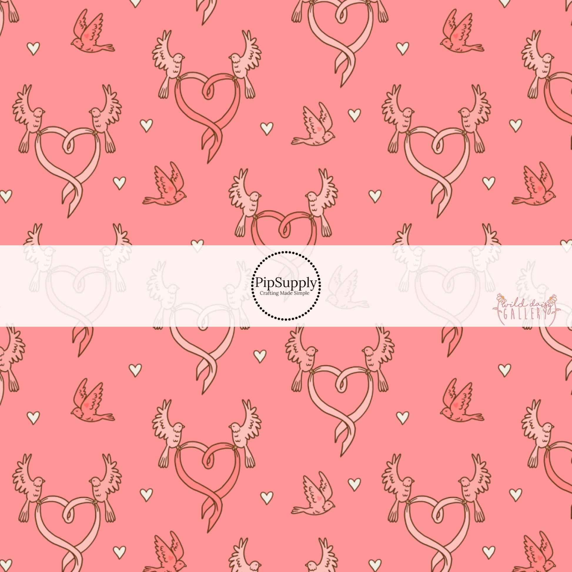 Love Doves and Hearts on Peachy Pink Fabric by the Yard.