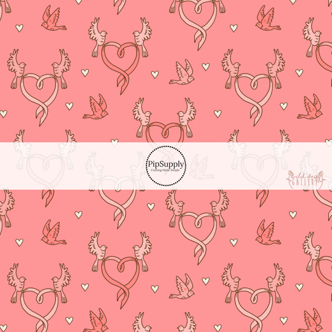 Love Doves and Hearts on Peachy Pink Fabric by the Yard.