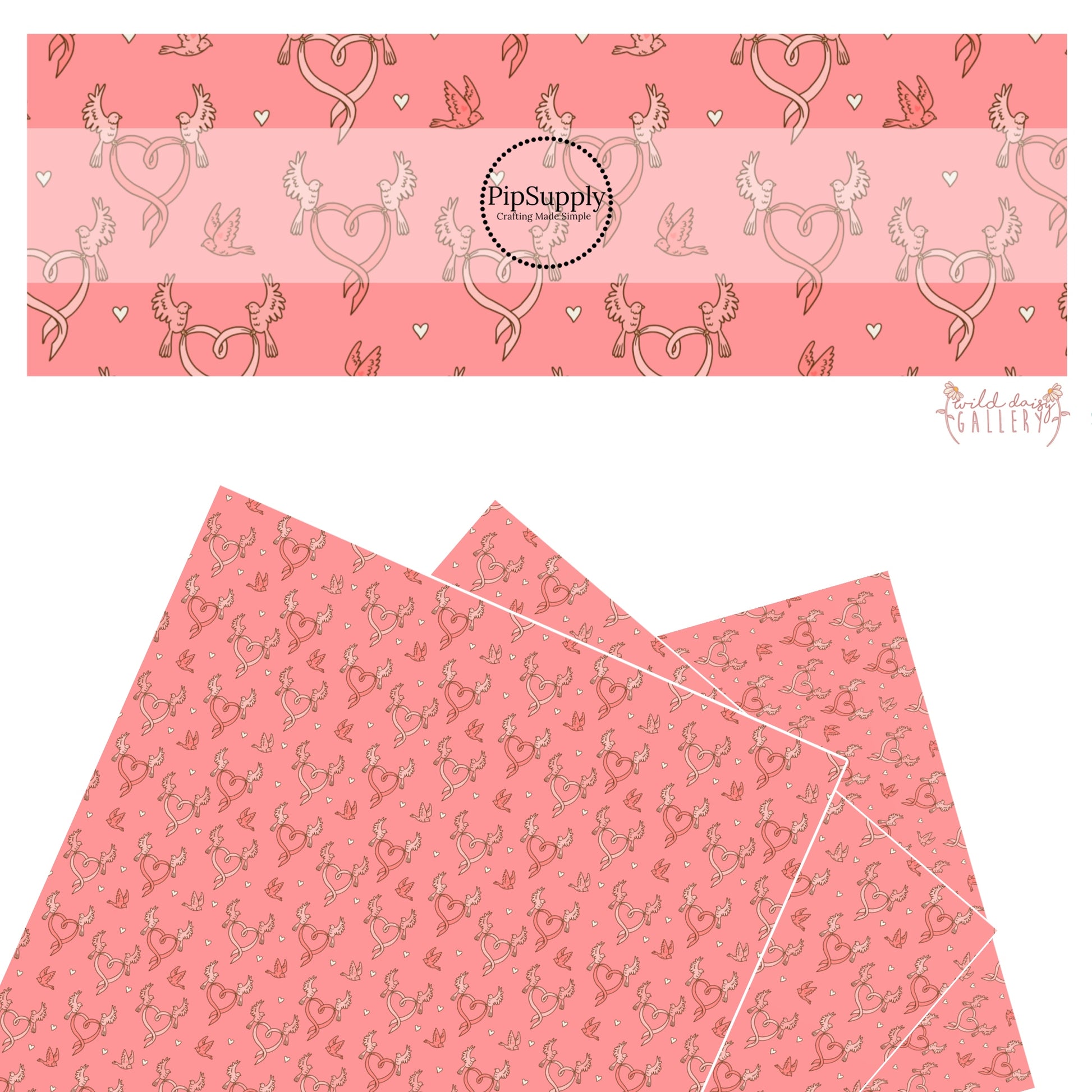 These Valentine's pattern themed faux leather sheets contain the following design elements: pink dove birds with ribbon hearts on peachy pink. Our CPSIA compliant faux leather sheets or rolls can be used for all types of crafting projects.
