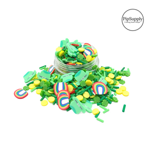 This green colored clay slices mix is versatile for many craft projects. This St. Patrick mix has sprinkles and clay slices of rainbows, shamrocks, and leprechaun hats. You can use it to add sparkle and decoration to resin projects, filling for shaker bows, slime making, party decor, scrapbooking, card making and nail art. 