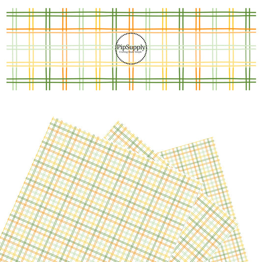 These St. Patrick's Day pattern themed faux leather sheets contain the following design elements: green, yellow, and orange gingham pattern. Our CPSIA compliant faux leather sheets or rolls can be used for all types of crafting projects.
