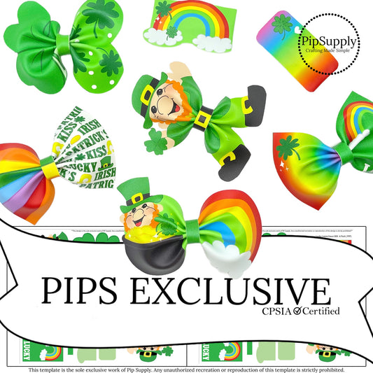 St Patricks Day themed leprechaun, rainbow and sharmrock faux leather bow templates
