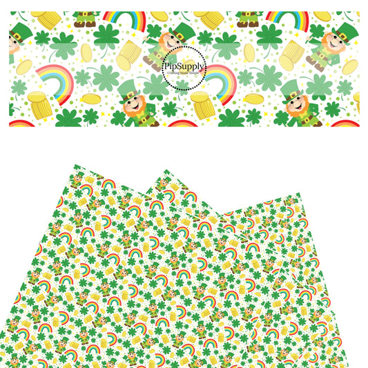 These St. Patrick's Day pattern themed faux leather sheets contain the following design elements: St. Patrick's Day leprechauns, rainbows, gold, and shamrocks on white. Our CPSIA compliant faux leather sheets or rolls can be used for all types of crafting projects.