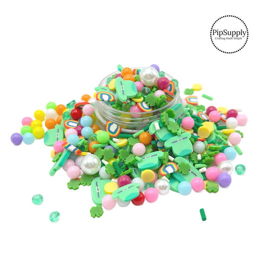 This multi colored clay slices mix is versatile for many craft projects. This St. Patrick mix has sprinkles, rainbow colored beads, and clay slices of rainbows, shamrocks, and leprechaun hats. You can use it to add sparkle and decoration to resin projects, filling for shaker bows, slime making, party decor, scrapbooking, card making and nail art. 