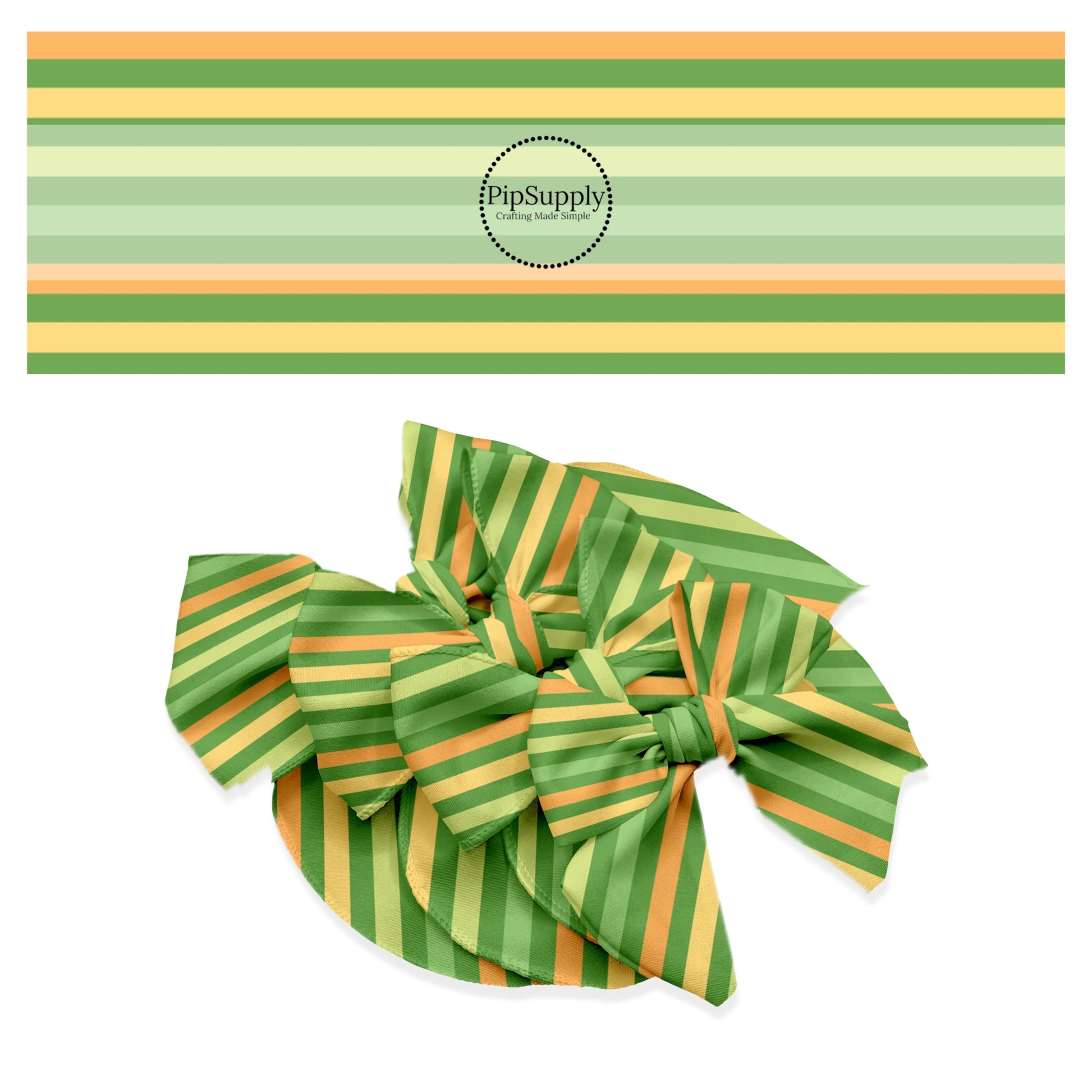 These St. Patrick's Day pattern themed no sew bow strips can be easily tied and attached to a clip for a finished hair bow. These patterned bow strips are great for personal use or to sell. These bow strips features orange, yellow, and light green stripes on green. 