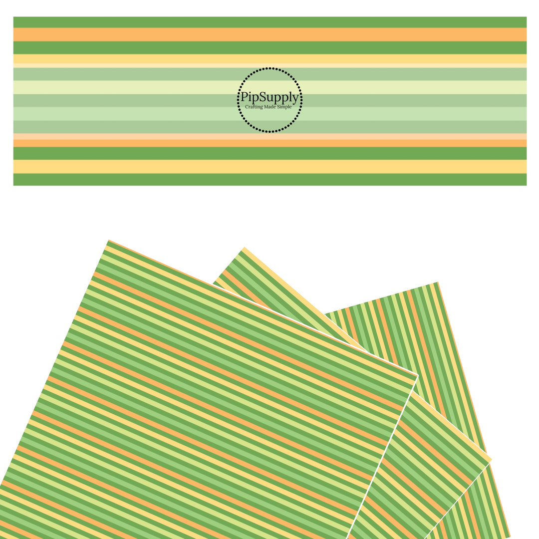 These St. Patrick's Day pattern themed faux leather sheets contain the following design elements: orange, yellow, and light green stripes on green. Our CPSIA compliant faux leather sheets or rolls can be used for all types of crafting projects.