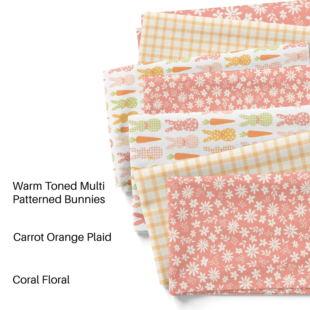 Orange and coral colored Easter themed fabric by the yard swatches.