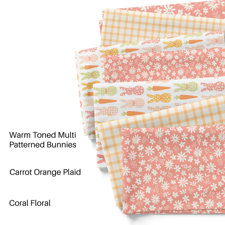 Orange and coral colored Easter themed fabric by the yard swatches.