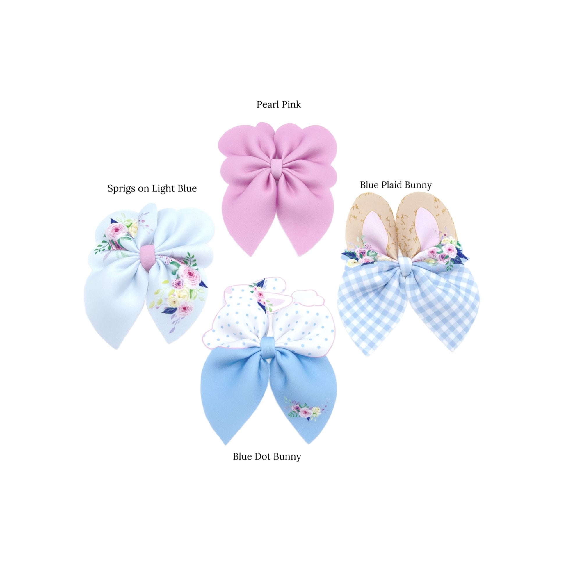 mini pink and blue spring themed hand cut neoprene bows