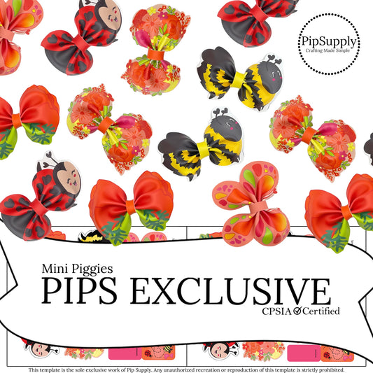 orange and coral bees, flowers and ladybugs on faux leather for hair bows