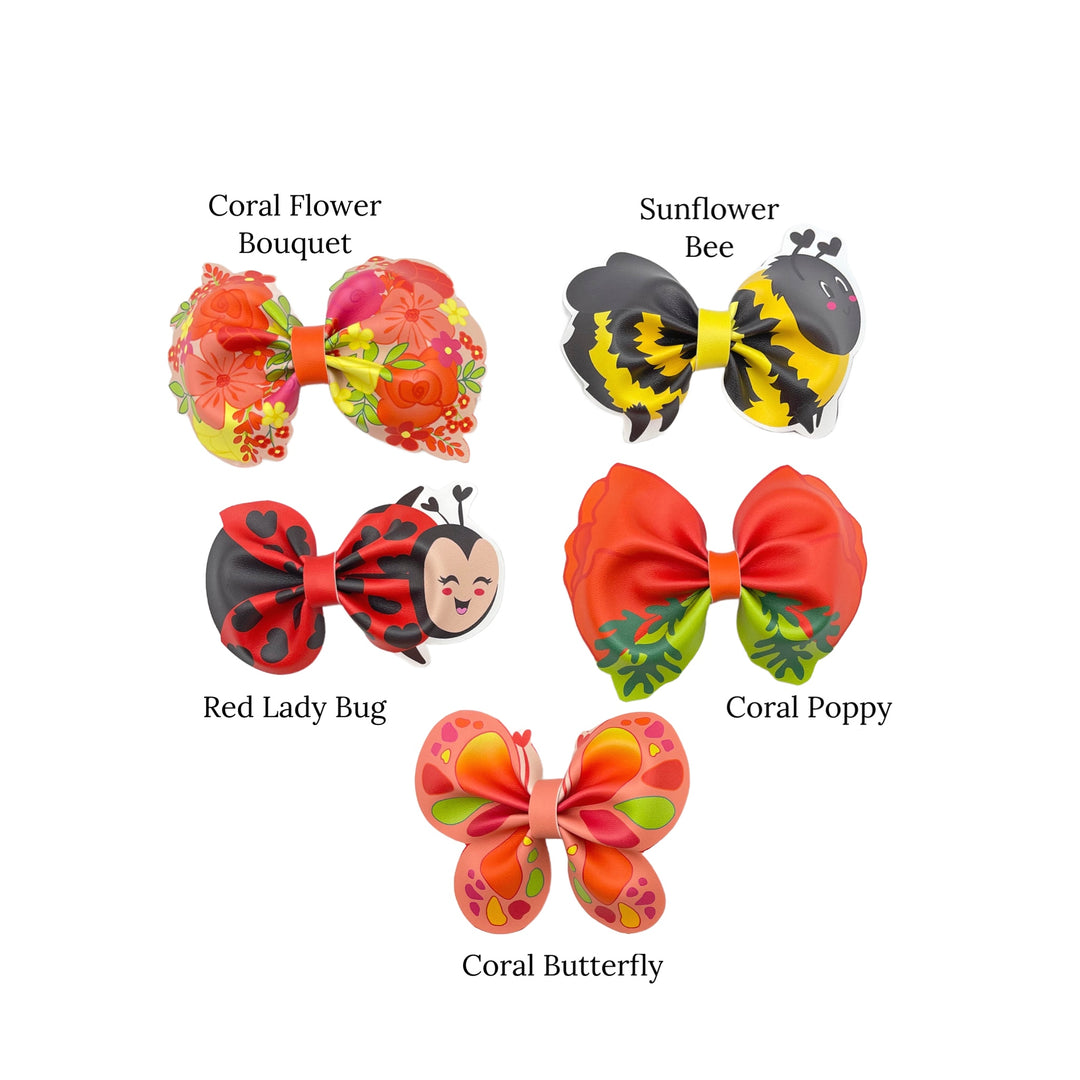 garden things on faux leather for neoprene hand cut hair bows in oranges and coral colors