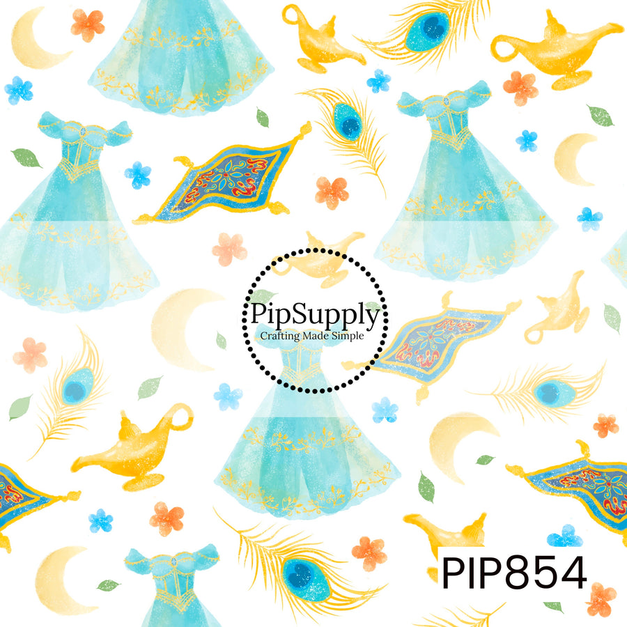 This enchanting design features a watercolor-inspired collection of turquoise princess gowns, golden magic lamps, ornate flying carpets, peacock feathers, crescent moons, and delicate flowers scattered across a soft white background. The dreamy palette of aqua, gold, peach, and blue creates a magical, elegant feel, while the whimsical elements evoke a world of adventure, wonder, and royal charm. Perfect for princess-themed projects, magical accessories, and fairytale-inspired creations.
