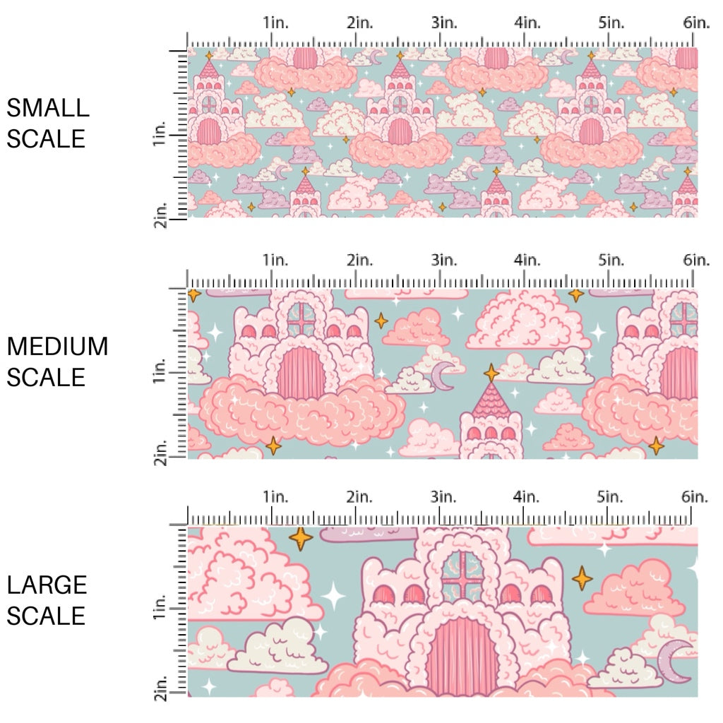 These princess themed pattern fabric by the yard features the following design elements: magical castles surrounded by clouds. This fun themed fabric can be used for all your sewing and crafting needs!