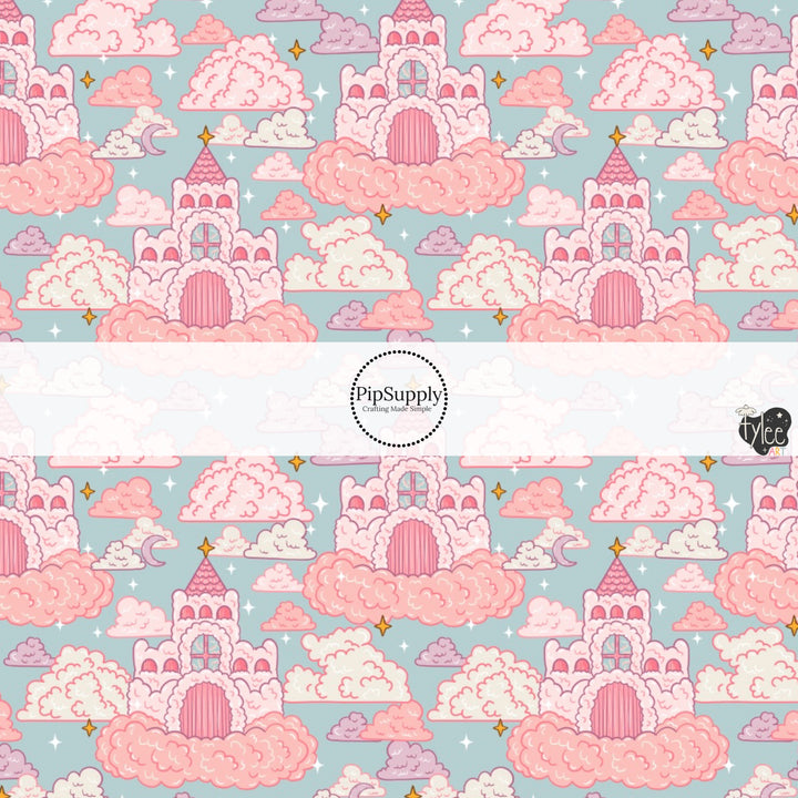 These princess themed pattern fabric by the yard features the following design elements: magical castles surrounded by clouds. This fun themed fabric can be used for all your sewing and crafting needs!