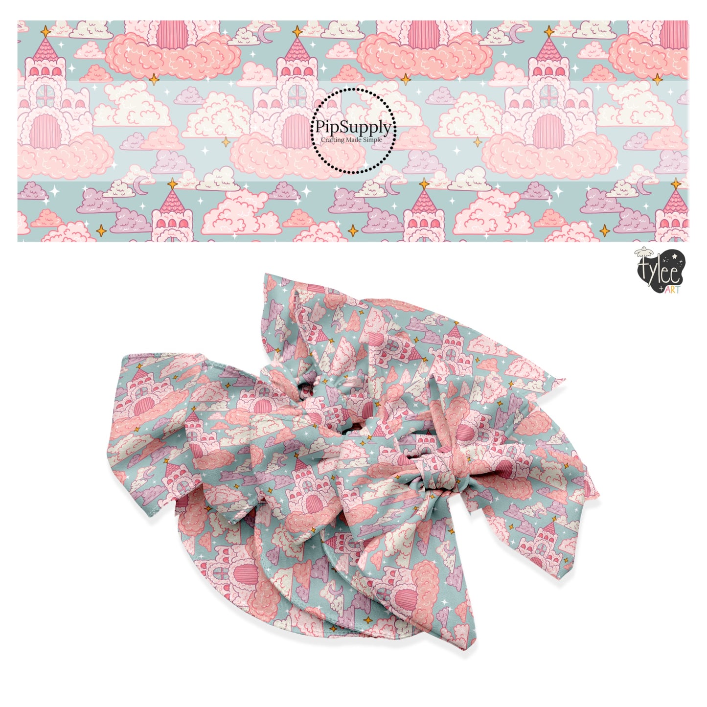 These princess themed no sew bow strips can be easily tied and attached to a clip for a finished hair bow. These fun patterned bow strips are great for personal use or to sell. These bow strips feature the following design elements: magical castles surrounded by clouds.