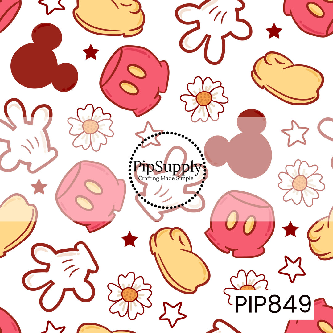 This playful character-inspired design features an all-over scatter of iconic mouse-themed elements, including pink shorts, cream-colored gloves, mouse ear silhouettes, white daisies, and star accents. The motifs are arranged across a soft light gray background, creating a fun and balanced repeat pattern. Shades of pink, red, cream, and white add a sweet, cheerful feel, while the simple cartoon-style illustrations give the design a nostalgic and whimsical charm perfect for magical-themed projects.
