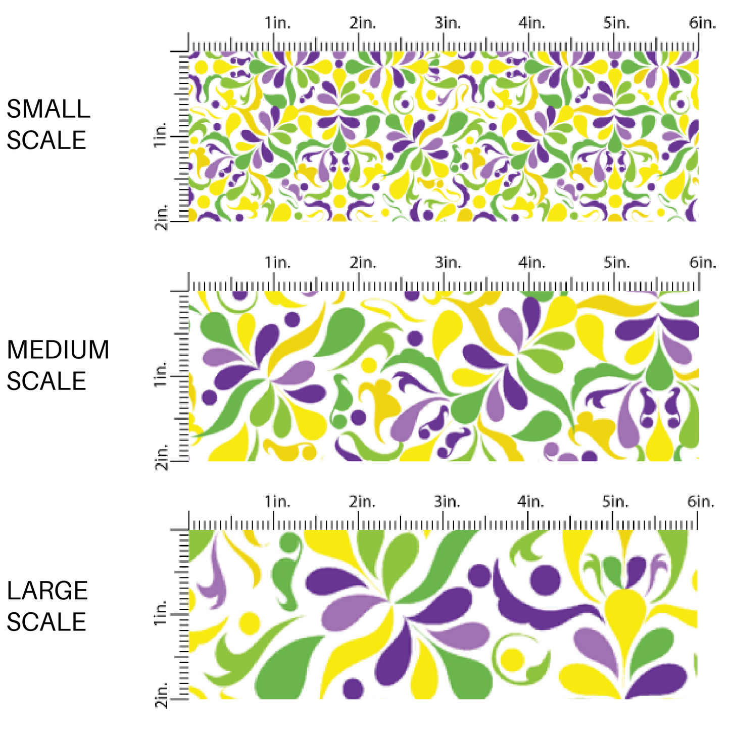 Yellow, purple, and green paisley print on white fabric by the yard scaled image guide.