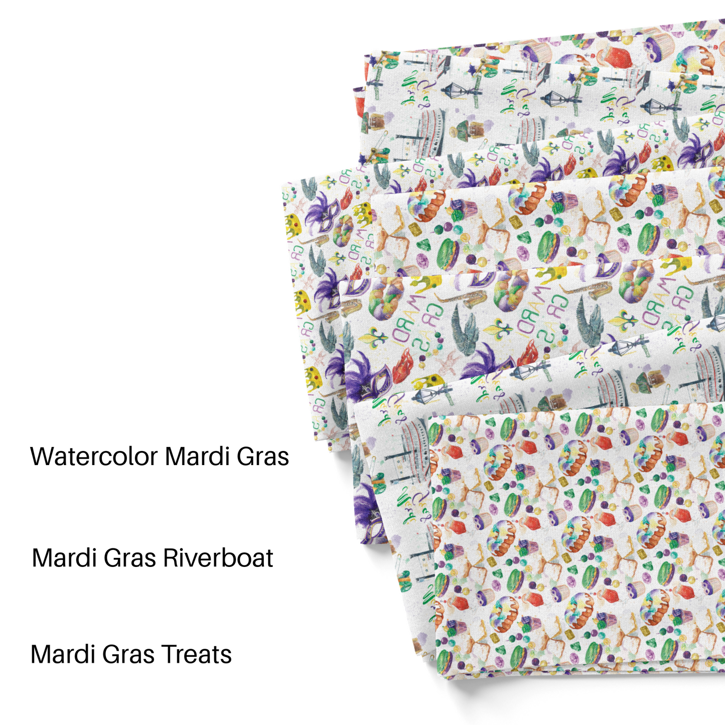 Popular Mardi Gras Snacks and Food on White Fabric by the Yard swatches.