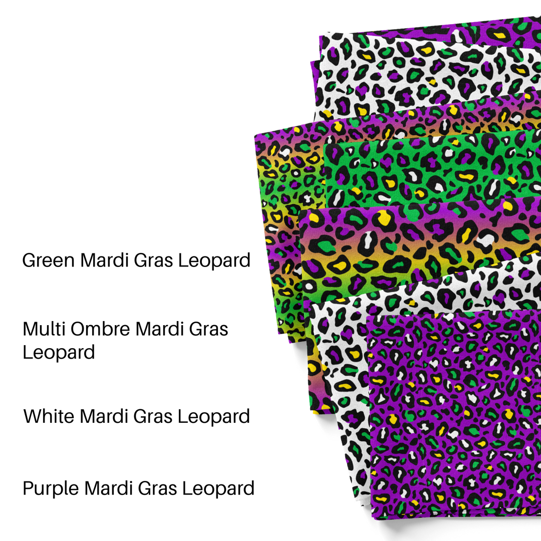 Yellow, Purple, and Green Leopard Print on White Mardi Gras Fabric by the Yard swatches.