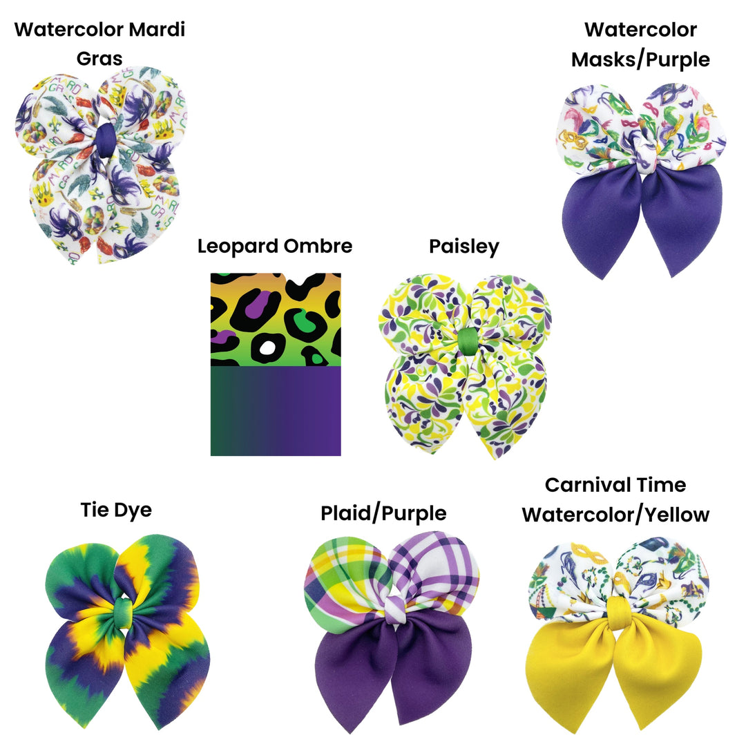 Mardi Gras Leopard Print, Tie Dye, and Plaid Neoprene Bubble Sailor Hair Bows pattern titles